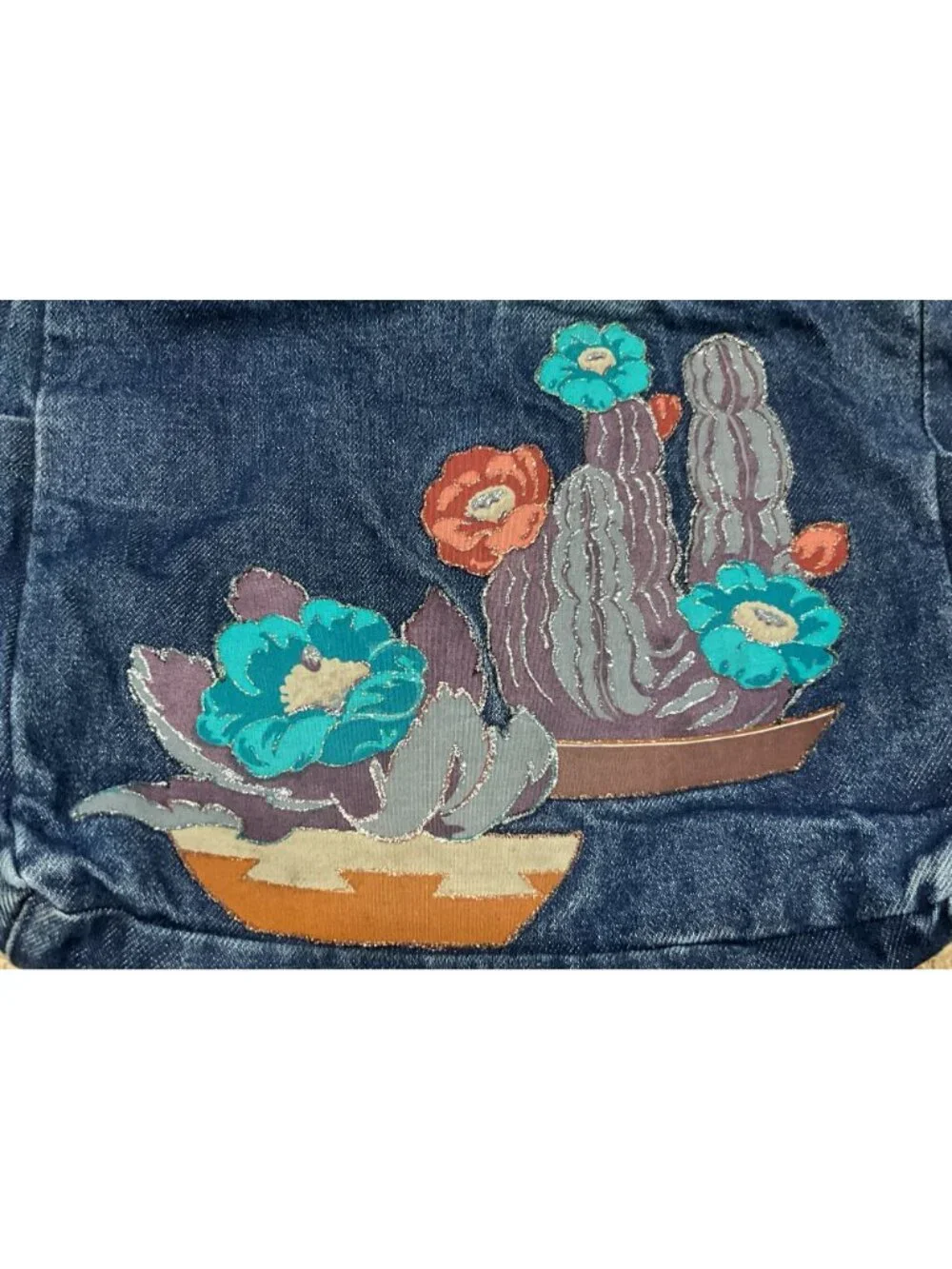 Vtg Denim Hobo Shoulder Bag With Embroidered Cactus Southwestern Design Womens
